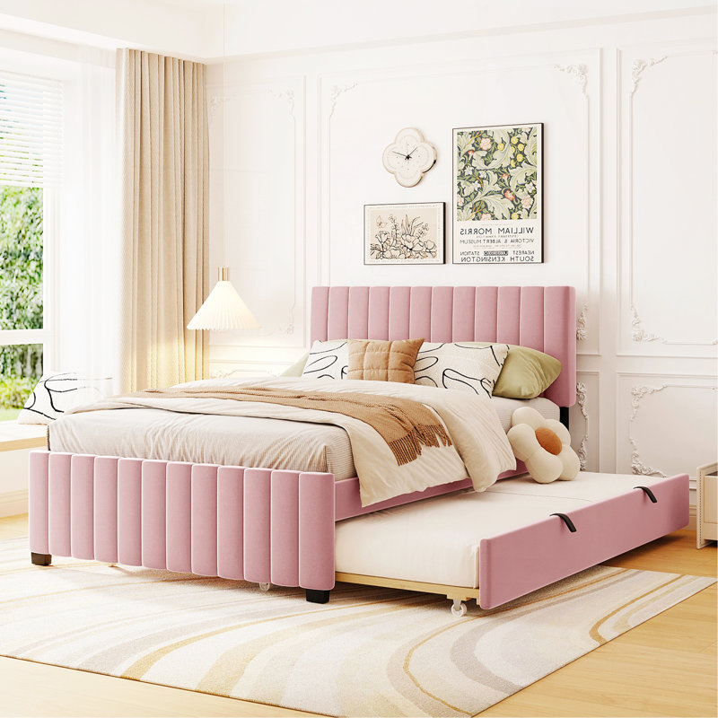 Lit plateforme double en velours avec lit gigogne double, rose, Rose