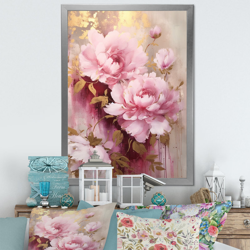Pink And Gold Peonies In Radiance On Canvas Print, Gold Single Picture Framed, 32" H x 16" W x 1" D