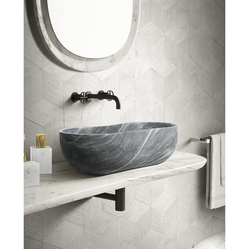 Lavabo vasque de salle de bain en marbre gris, profondeur de 23,6 pouces, hauteur de 7,1 pouces, forme ondulée distinctive, facile à nettoyer et à entretenir, s'adapte à différentes configurations naturelles 14,2 de large, finition semi-polie, pré-percé pour
