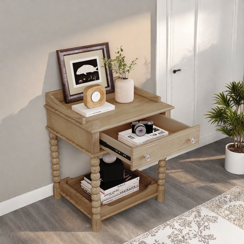 Retro Style Nightstand With 1 Drawer, An Open Shelf, Turned Legs And Metal Handles