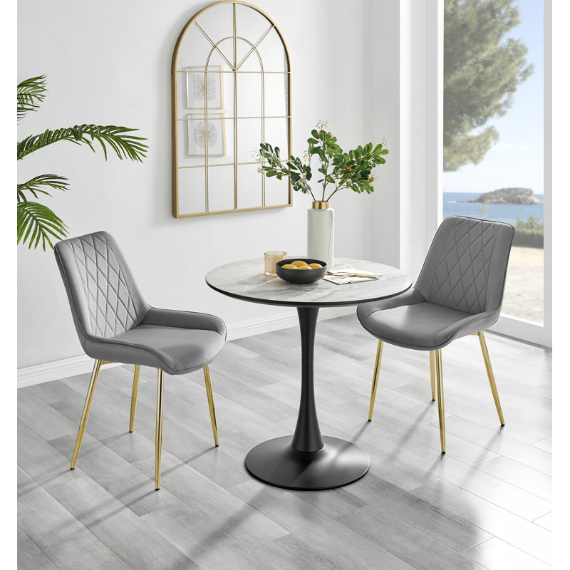Ellis White Marble Effect Melamine Round Dining Table Set with 2 Luxury Velvet Dining Chairs, Gray/Gold