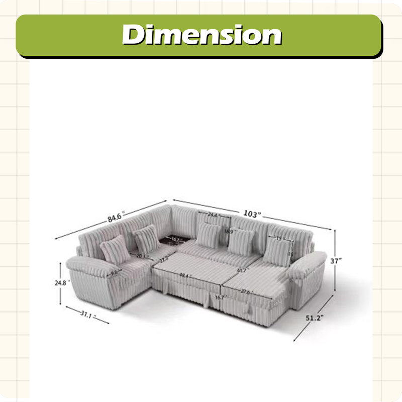 Canapé modulaire en velours côtelé de 103 pouces en U très moelleux avec rangement et lit escamotable, table basse d'angle avec porte-gobelet et port USB; convient au salon