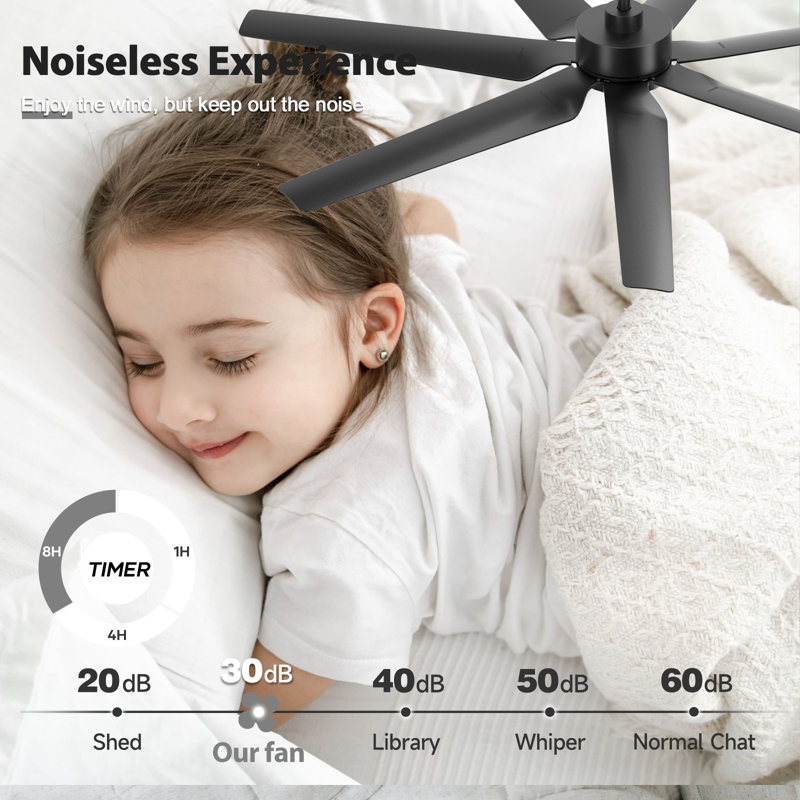 65in Modern Smart Ceiling Fan With Light, 7 Durable Abs Blades, Black, Black