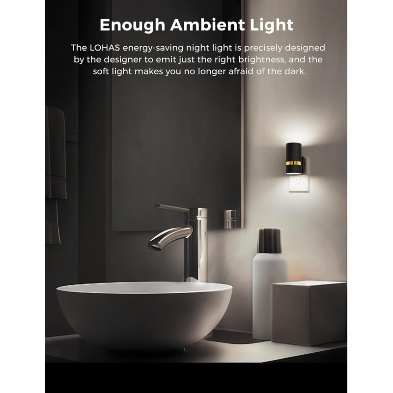 Square Wall Light Black Plug-In Night Light With Light Sensor, 3000K Warm White, Sliding Dimmer