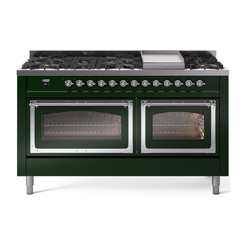 ILVE Nostalgie II Noblesse 60 po à deux brûleurs, 9 brûleurs, plaque chauffante, Propane liquide, Vert émeraude / chrome
