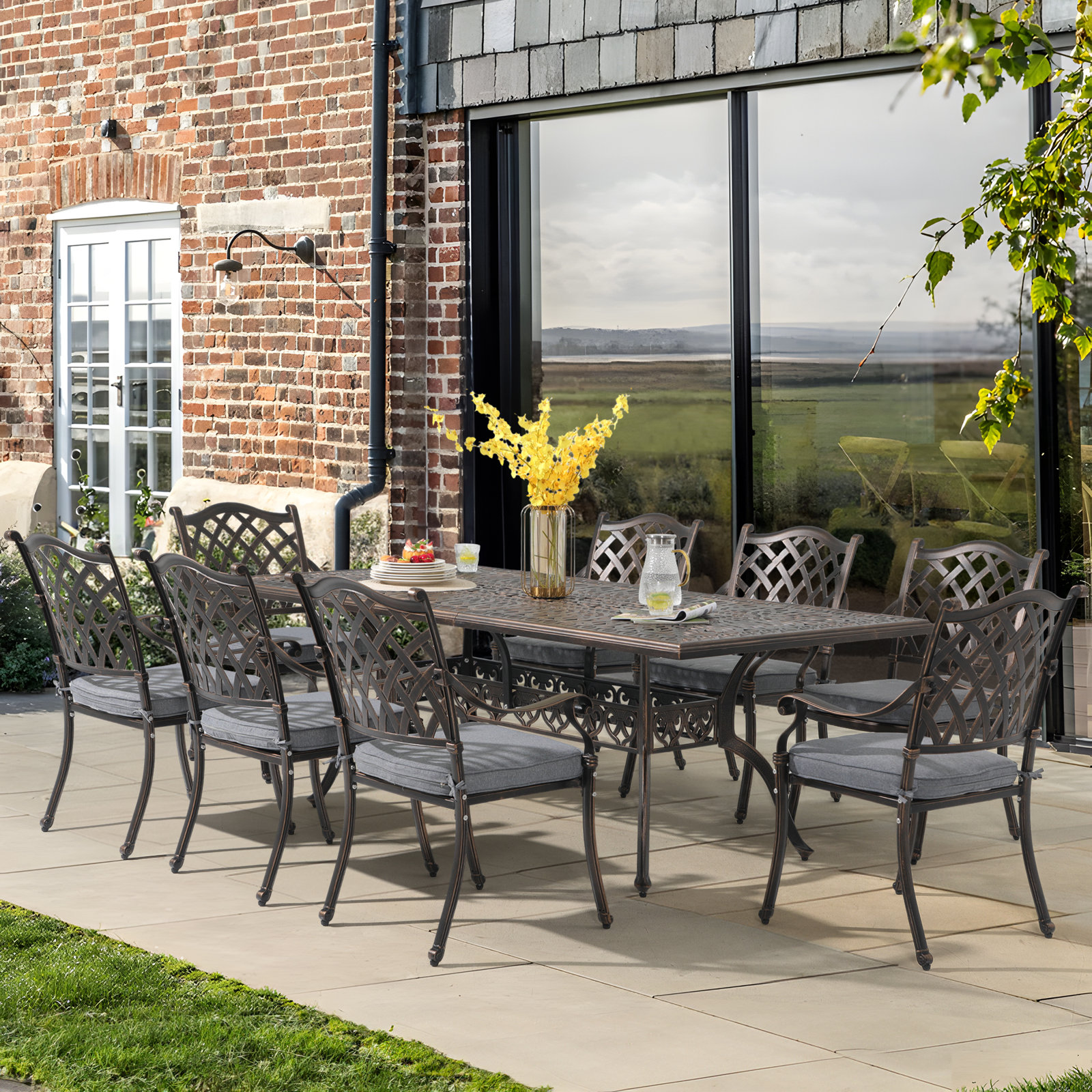 Amechi 86'' Rectangular 8-Person Outdoor Dining Set with Cushions, Gray