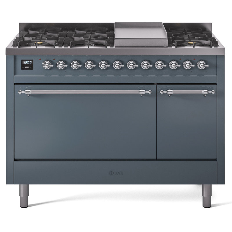 ILVE Nostalgie II 48 in Dual Fuel Range, 8 Burner, Griddle, Liquid Propane, Blue Gray/Chrome