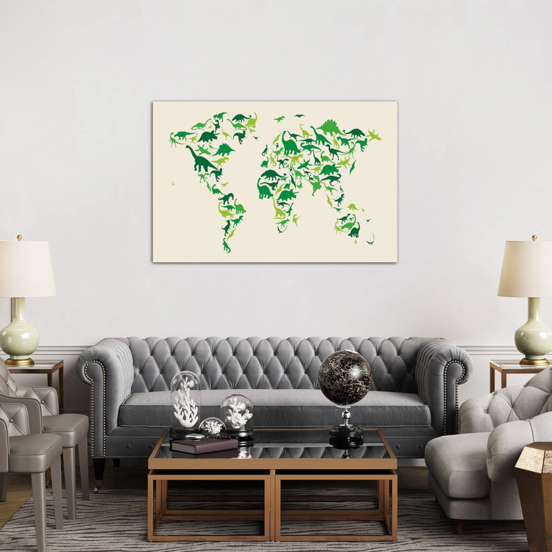 Dinosaur Map Of The World by Michael Tompsett - Print on Canvas, 66.04 cm H x 45.72 cm W x 1.91 cm D, No Frame