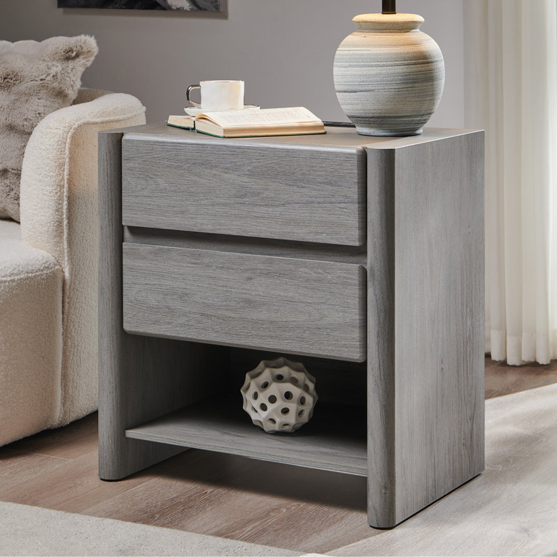 Bolanos 25" Tall Modern End Table with Charging Station, Wood Side Table w/2 Storage Drawers & Open Shelf, Rounded Corner Design for Bedroom 