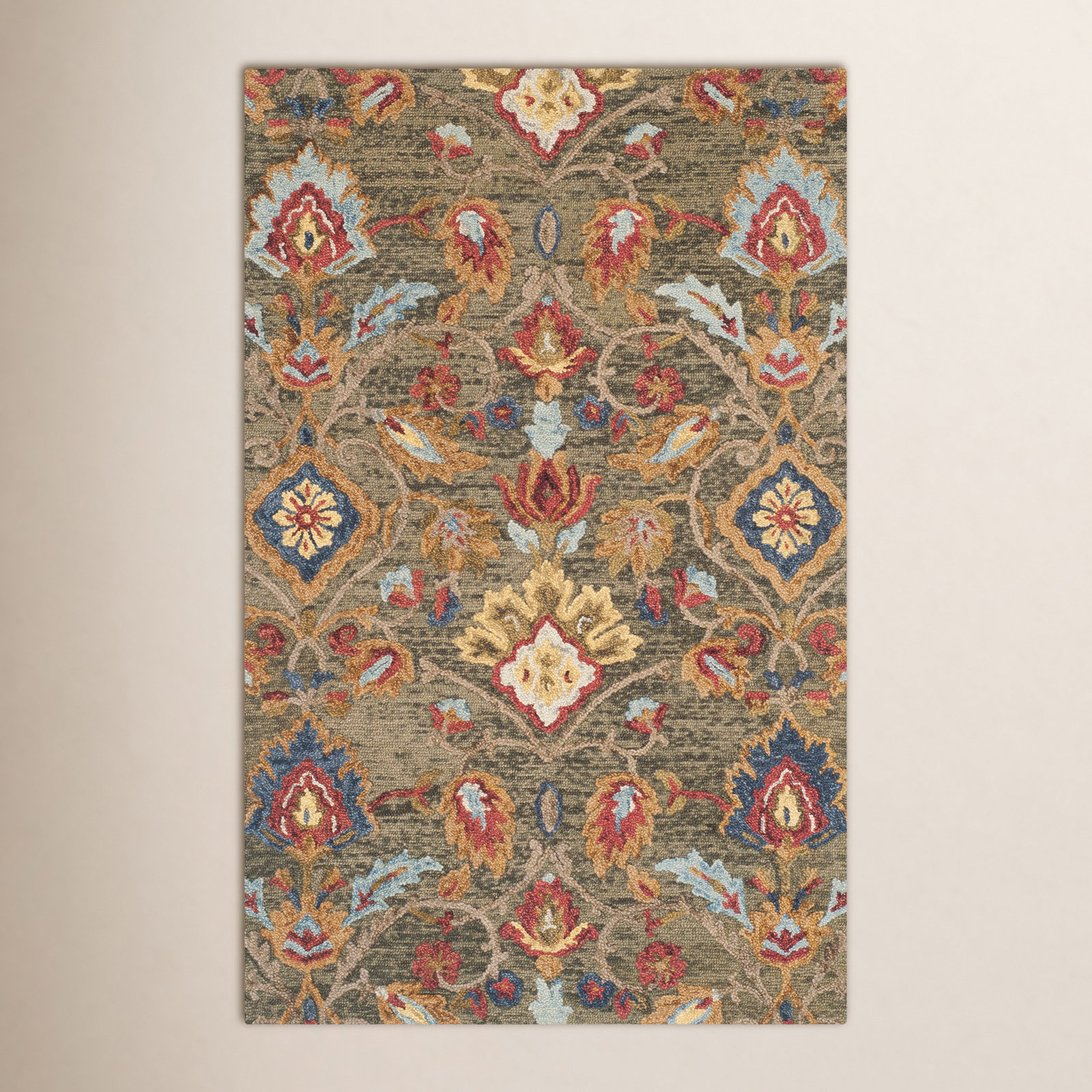 Tansy Handmade Wool Green / Multi Rug, Rectangle 6' x 9'