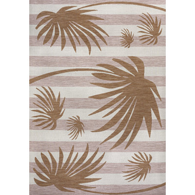 Conswello Classic Beach Stripe and Palm Leaf Pink/Cream Indoor/Outdoor Rug