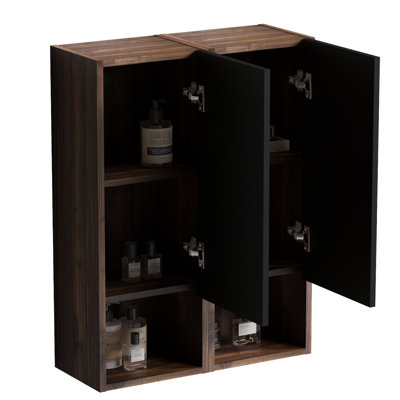 Armoire latérale flottante noire et noyer pour salle de bain, rangement Mid-Century, 14 pouces, textures à rayures chics, bois multicouche ouvert E1, surface stratifiée douce