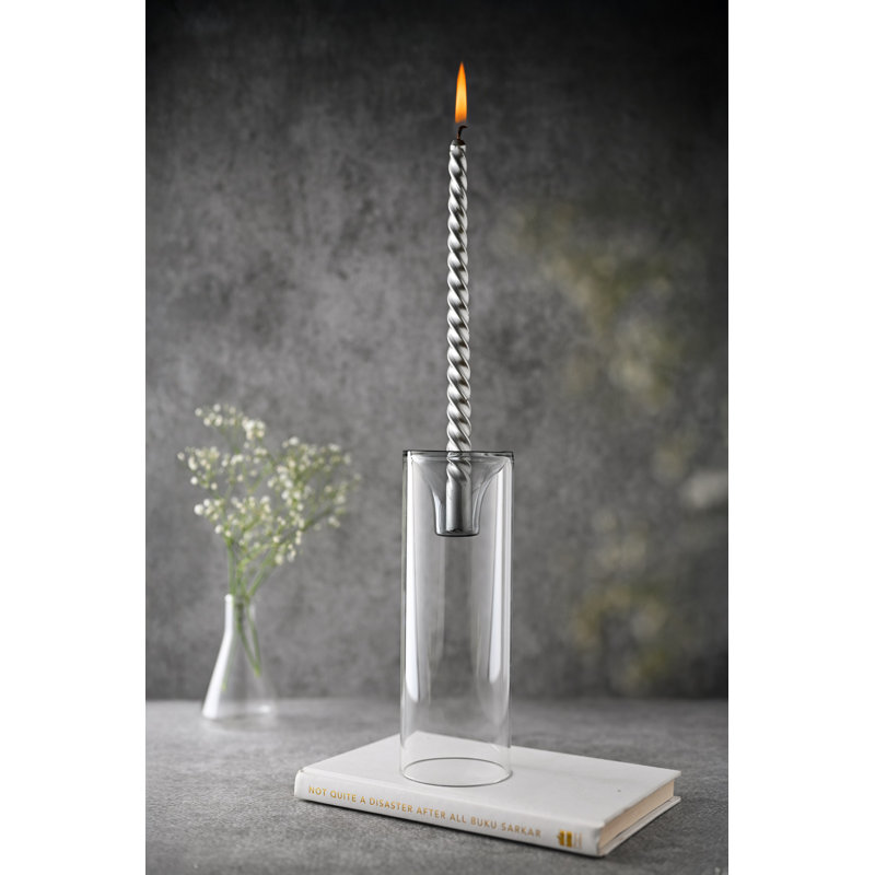 Bougeoir en verre transparent et gris, H 8 po x l 3 po x P 3 po, Clair