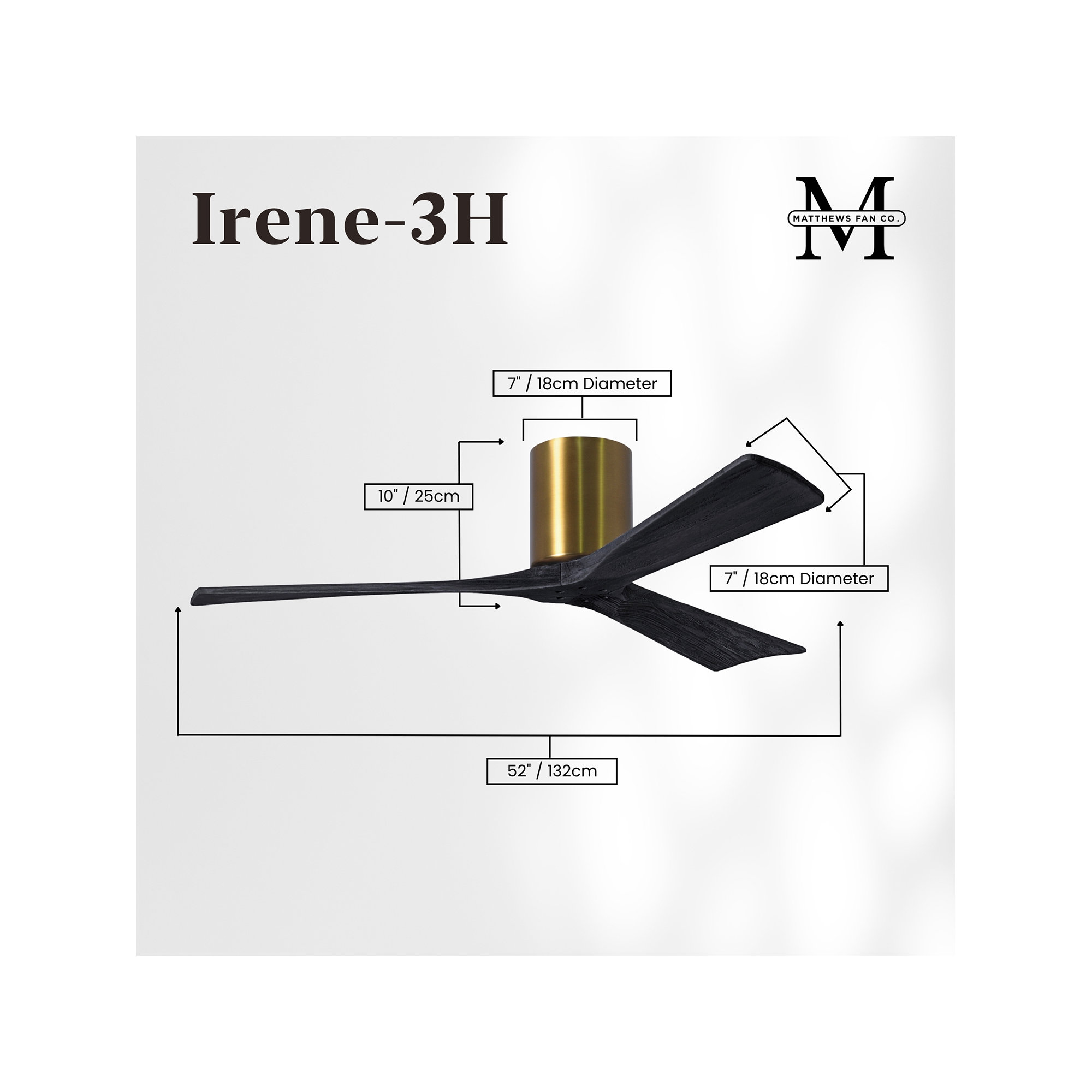 Olivier 3 Blade Ceiling Fan, Matte Black, 52", Brushed Brass