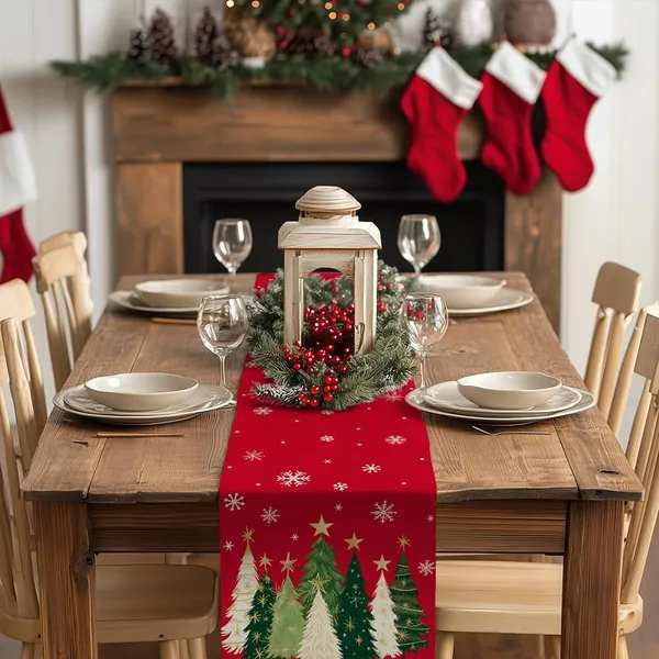 Chemin de table de Noël 13 x 72 pouces, arbres de Noël, flocons de neige, décorations de table de campagne d'hiver pour la salle à manger, dîner intérieur extérieur (rouge)