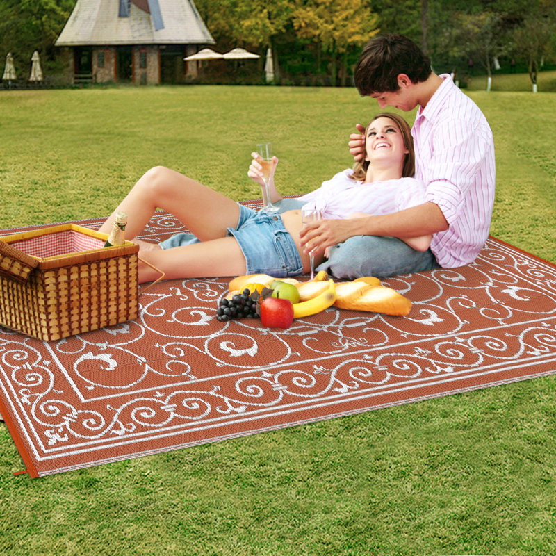 Reversible Outdoor Area Rug – Waterproof & UV Resistant Plastic Carpet – Modern Gray Design – Easy to Clean – 9x18ft, Red