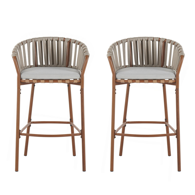 Outdoor Matal Rope Barstool, Teak Finished Frame And Beige Cushion, Set Of 2
