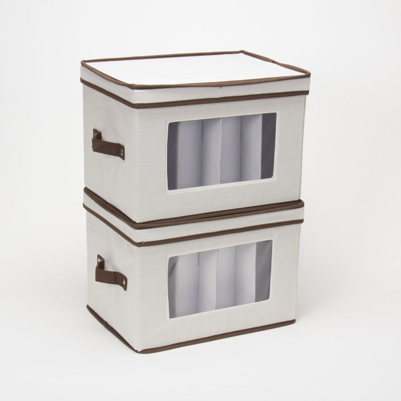 Gray Fabric Collapsible Lidded Storage Bin with Trim