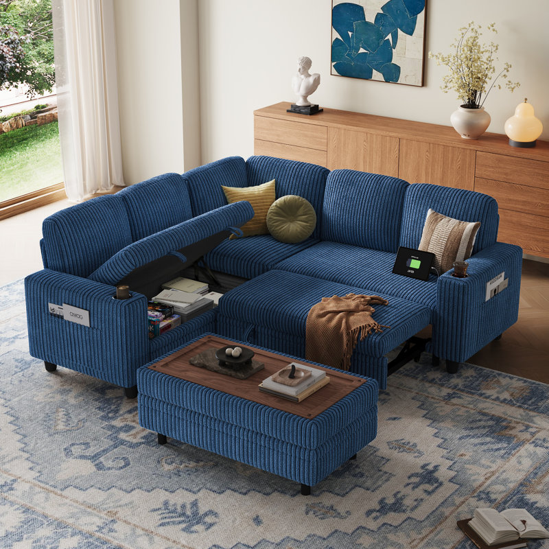  Sherry 81'' Upholstered Modular Sectionals with Ottoman, Pull-out Sofa, Storage Chaise, USB Charging & Cup Holders, 6-piece