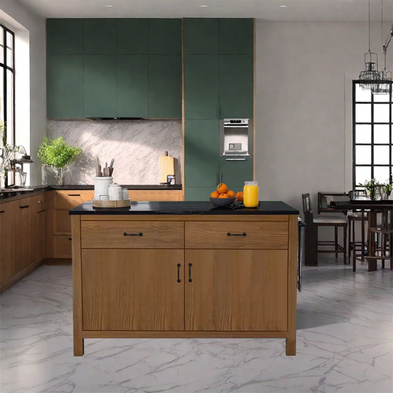Solid Wood Frame Kitchen Island with Sintered Stone Top, Drawer and Cabinet Storage