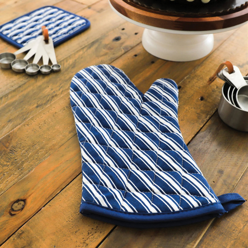 Green Striped Cotton Oven Mitt, 13 x 7 Inches
