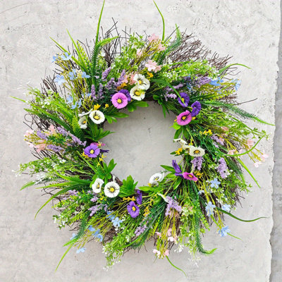 Printemps couronne de fleurs sauvages 20,8 pouces marguerite artificielle d'été couronnes de lavande pour la porte d'entrée ferme fausse décoration florale verte pour la maison porche fenêtre de fête de mariage décoration de mariage
