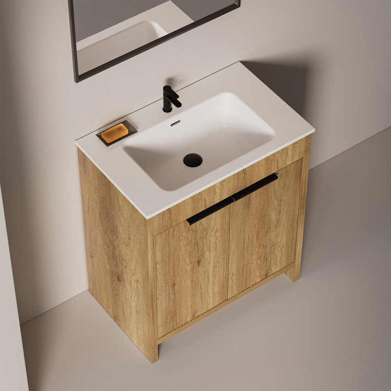 Ensemble de meuble-lavabo simple autoportant 30 po avec lavabo à surface solide intégré, portes à fermeture en douceur et finition chêne naturel