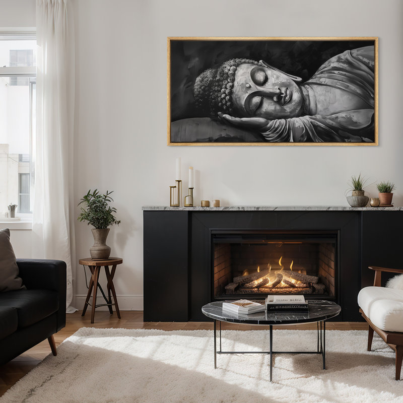 Bouddha endormi, art mural spirituel monochrome, H 30 po x l 60 po, Naturel