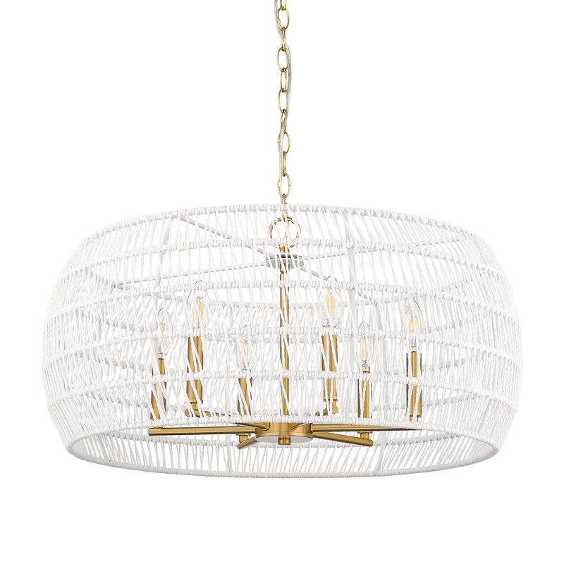 Lustre Ellie moderne avec corde en raphia blanc blanchi, H 13,50 po x l 27,13 po x P 27,13 po, 6