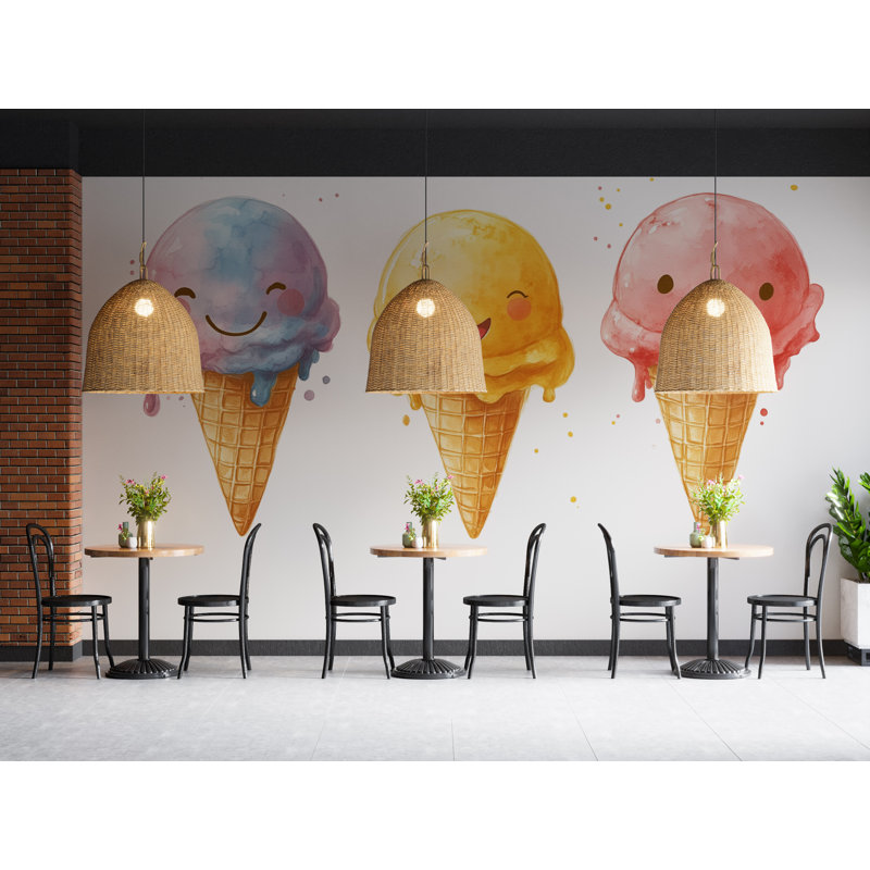 Adorable murale de crème glacée mignonne, crème glacée, art mural, dessert, 385Mv, 50" H x 95" W