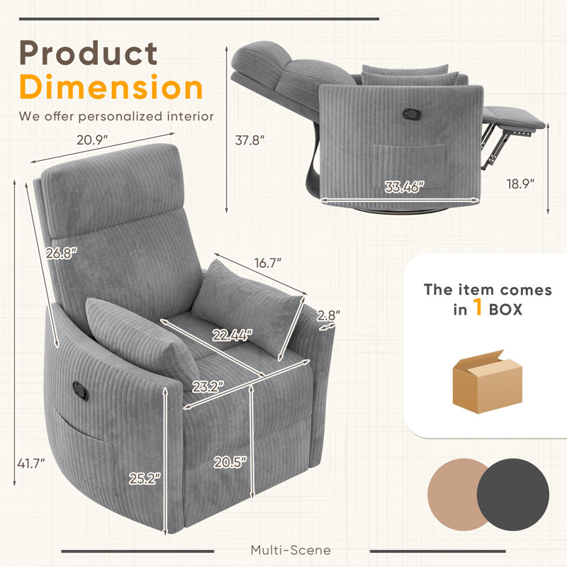 Swivel Rocker Recliner Chair with 8-Point Massage, Gray Corduroy