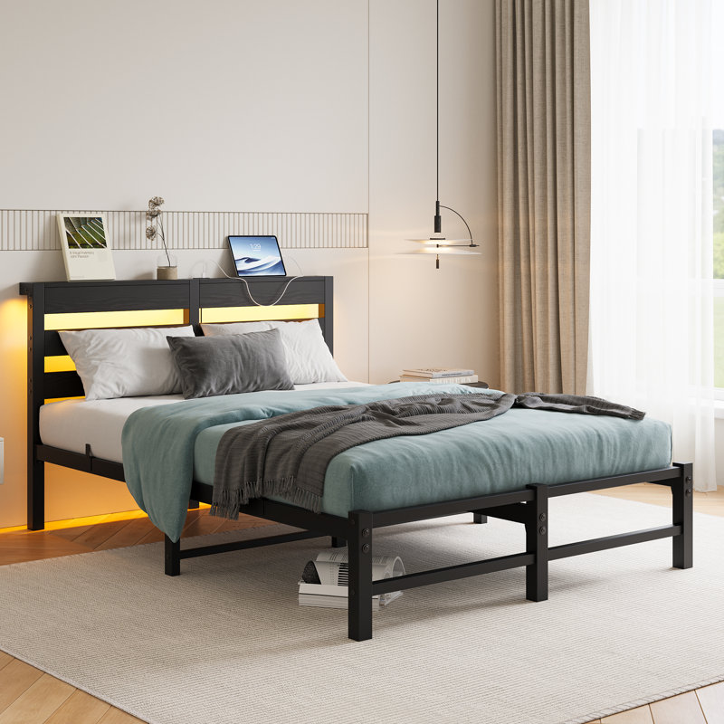 Full Size Metal Bed Frame With Wooden Headboard, RGB Lights, Outlets & Charger, Storage Shelf, Noise-Free, No Box Spring Needed