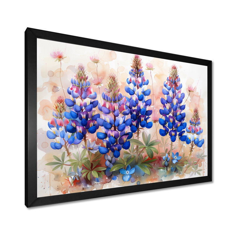 Bleu, rose, fleurs sauvages, Blue Bonnets Dreams II - Blue Bonnets, art mural, H 12 po x l 20 po x P 1 po, Cadre simple noir