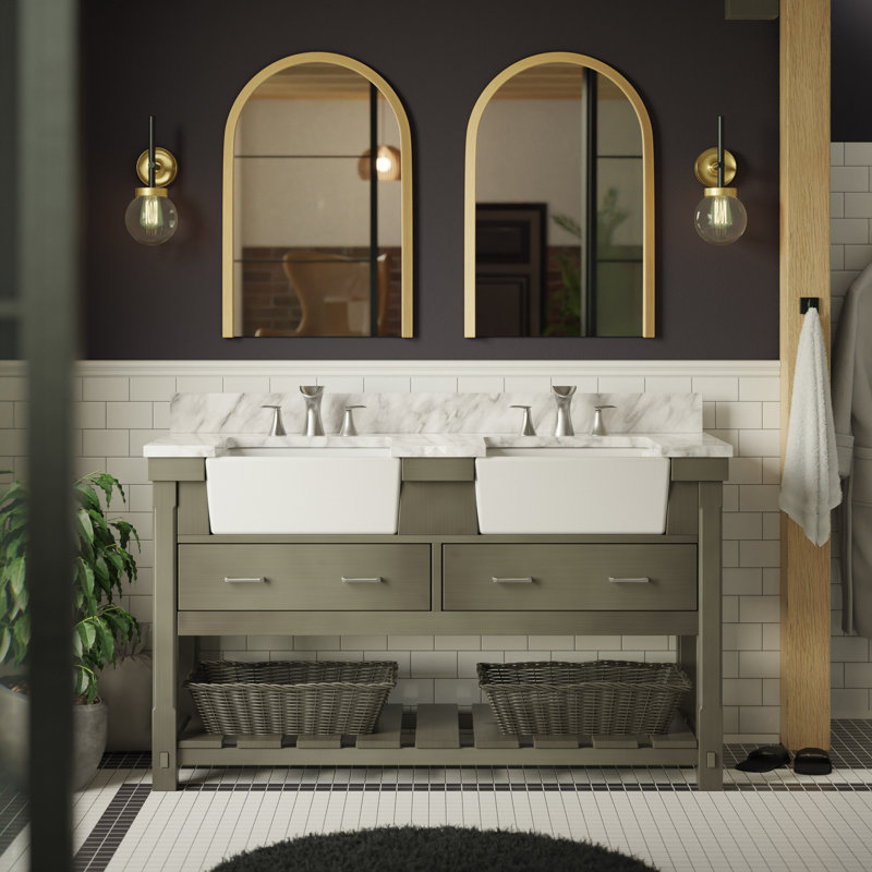 Ensemble de meuble-lavabo double 60 po Hitton, Gris patiné, Marbre de Carrare