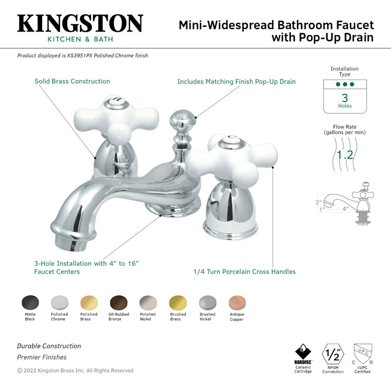 Kingston Brass Restoration Two-Handle 3-Hole Deck Mount Mini-Widespread Bathroom Faucet with Brass Pop-Up, Polished Chrome