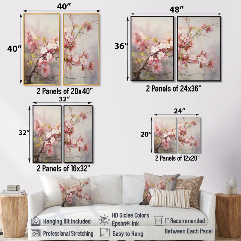 Pomme de fleur printanière impressionniste - décoration murale traditionnelle 2 panneaux, 40" H x 40" W, Black