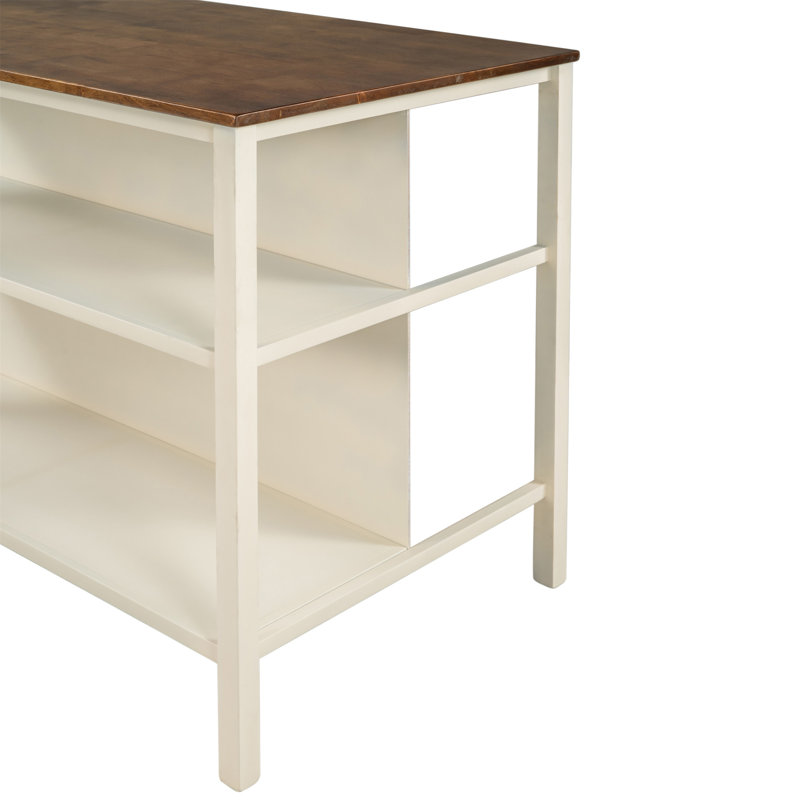 Solid Wood Rustic 3-Piece 45" Stationary Kitchen Island Set With 2 Seatings, Rubber Wood Butcher Block Dining Table Set Prep Table Set With 2 Open Shelves For Small Places