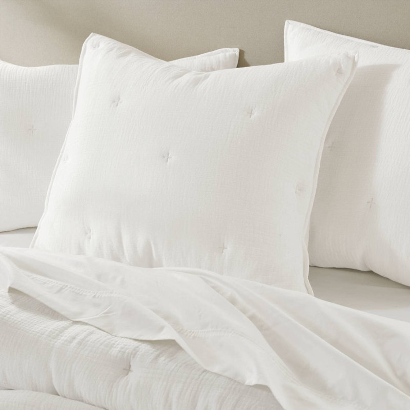 Cotton Muslin Euro Sham Cover With Embroidered Tacking, Textured Quilted Square Pillow Sham, White