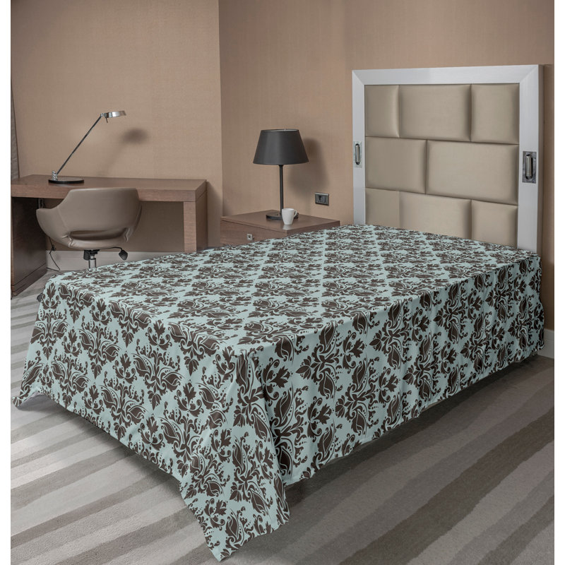 Ambesonne Top Flat Sheet Curving Art, Twin XL Flat Sheet, Teal Brown Damask