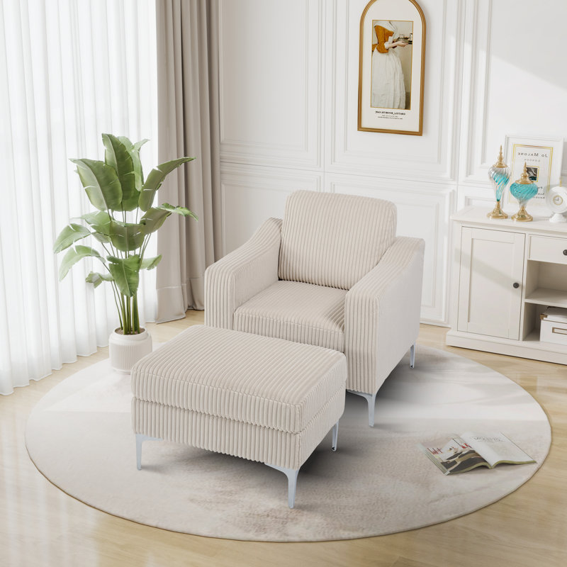 Fauteuil d'appoint avec repose-pieds l 35,24 po Heid, Velours côtelé beige