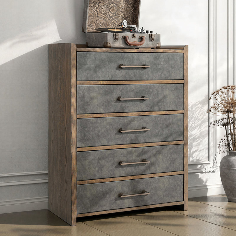 Commodes à 5 tiroirs de 38 po avec façade en similicuir et poignée large 38 po, aucun assemblage requis