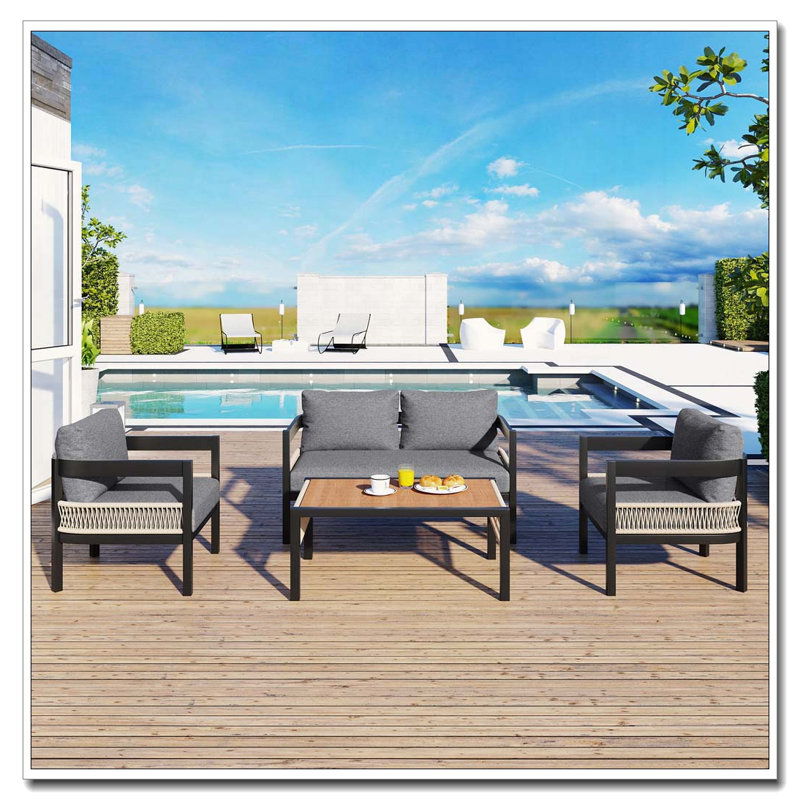 5-Piece Modular Outdoor Iron Sofa Set with PE Rattan and Wood-Plastic Table, Gray