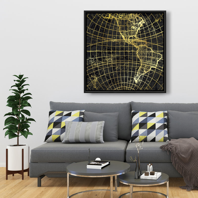Carte du monde noir et marine - décor de toile bleue encadrée
