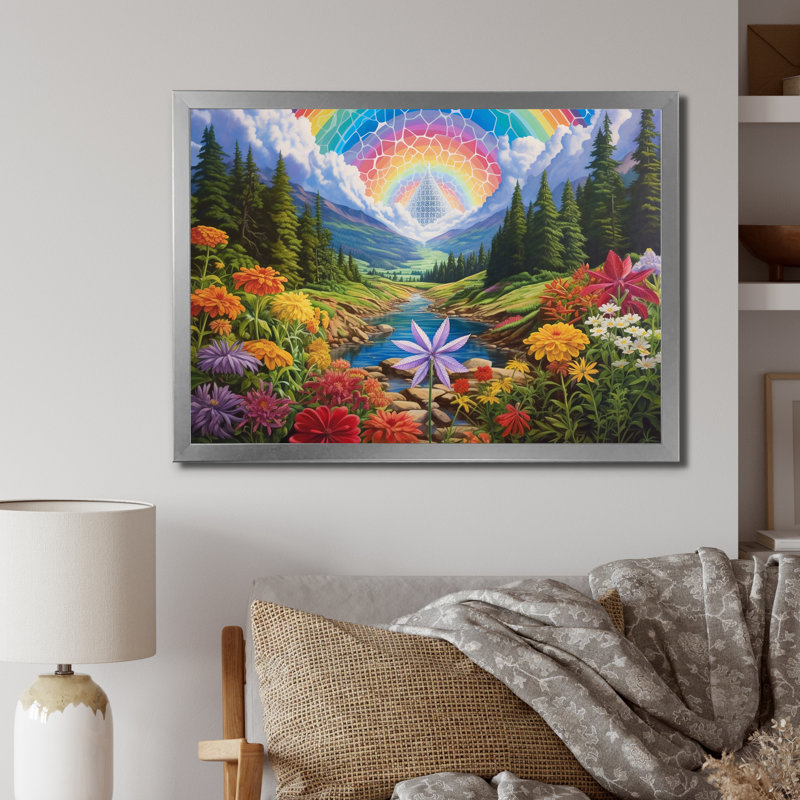 Sacred Rainbow Awakening In The Mountains, impression sur toile, H 24 po x l 32 po x P 1 po, Cadre photo argenté