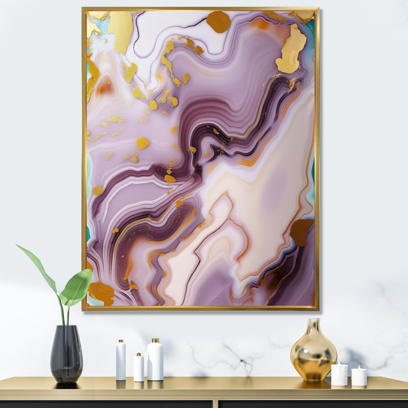 Abstractions dorées et mauves sur toile, H 40 po x l 30 po, Cadre photo noir