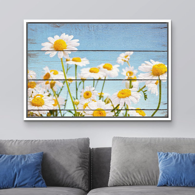 Fleur, champ de marguerites blanches sur des panneaux effet bois rétro, illustrations florales, art moderne, rustique, paysage