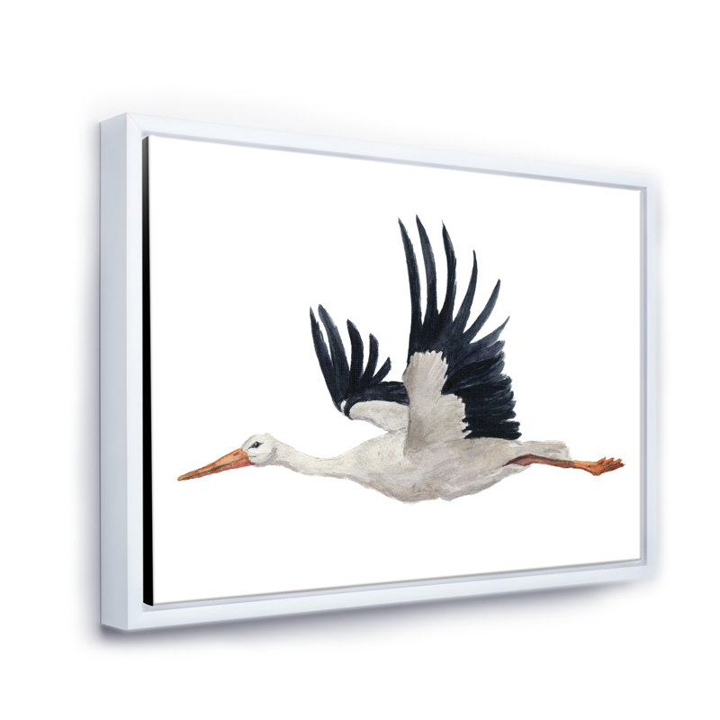 Cigogne volante avec une cigogne blanche - peinture sur toile, Cadre blanc, H 30 po x l 40 po x 1,5 po