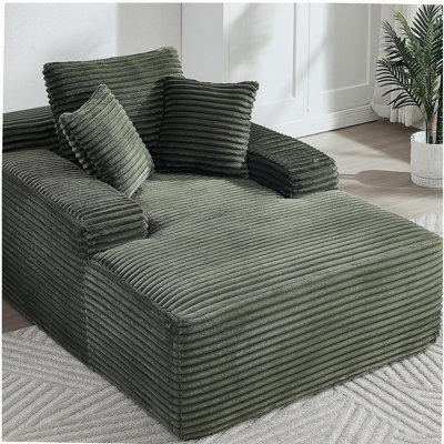 67" Chaise Lounge Chair 9.9'' Wide Armrest Indoor Corduroy Oversized Sleeper Sofa for Living Room Deep Seat Lounge and Three Soft Pillows Convertible Boneless Sofa Bed, Green, No Assembly Required