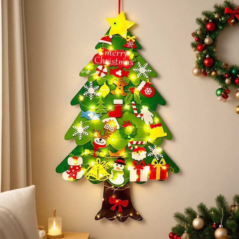 Arbre de Noël en feutre bricolage, arbre de Noël en feutre bricolage avec 32 ornements de Noël de toppers d'arbre de Noël et arbre de feutre suspendu pour la maison cadeau de Noël