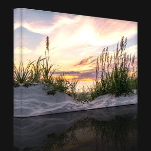 Grass On The Beach At Sunset by No - Wrapped Canvas Print